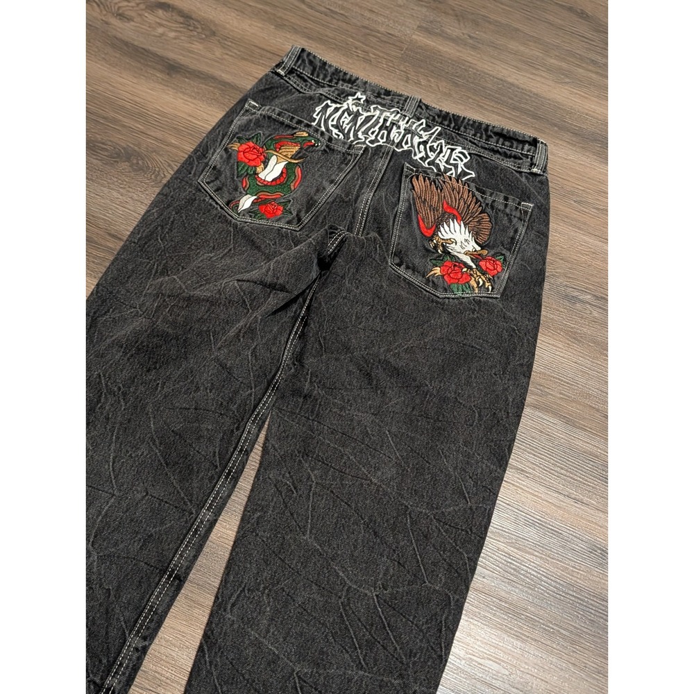 Ninth Hall Ambush Black Acid Wash Baggy Embroidered Jeans Mens 30 Eagle Rose